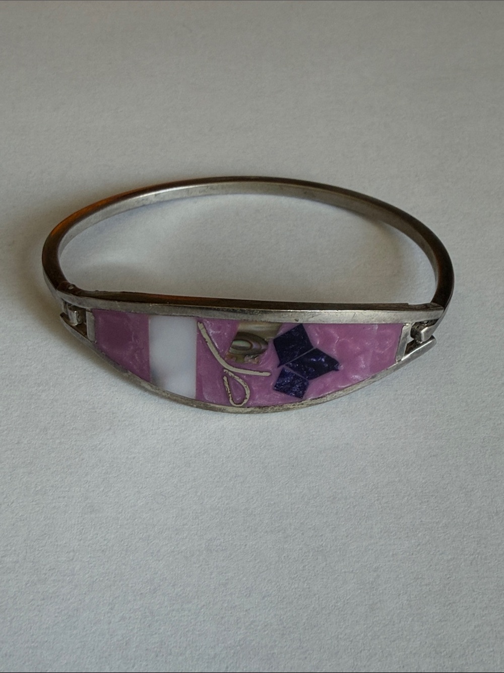 Vintage Mexican Alpaca Hinged Inlay Bracelet